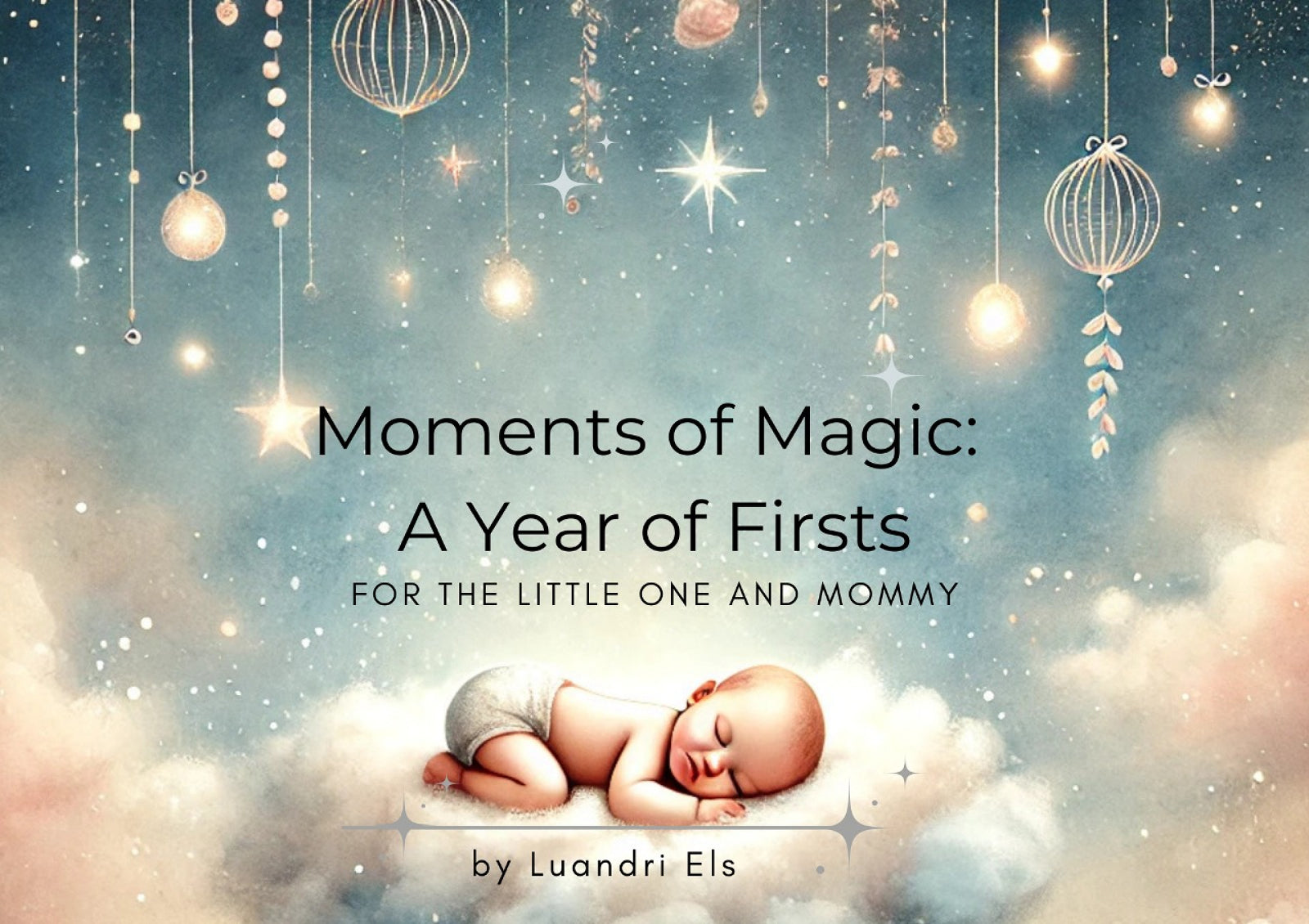 Book cover with a baby sleeping on clouds and hanging ornaments, titled 'Moments of Magic: A Year of Firsts'.